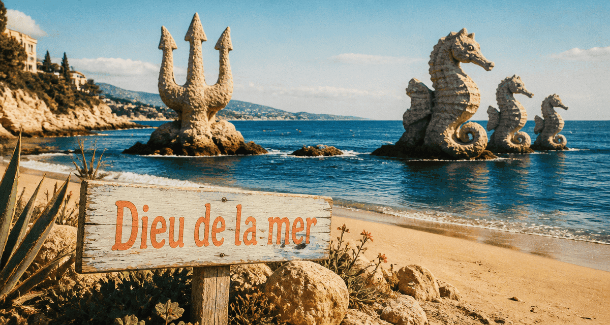 dieu de la mer sur plage avec trident et chevaux marins