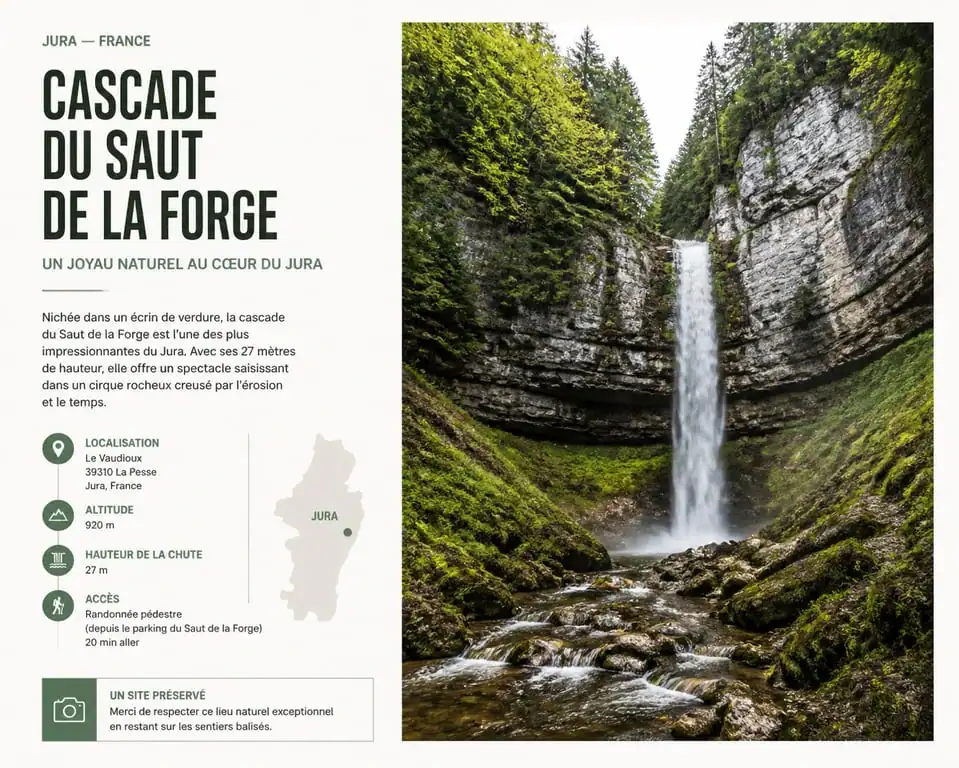 Cascade du Saut de la Forge dans le Jura, un site naturel incontournable pour les randonneurs.