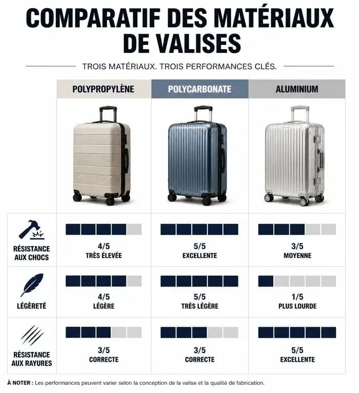 Comparatif des matériaux de valise résistante : polypropylène, polycarbonate et aluminium pour choisir son bagage.