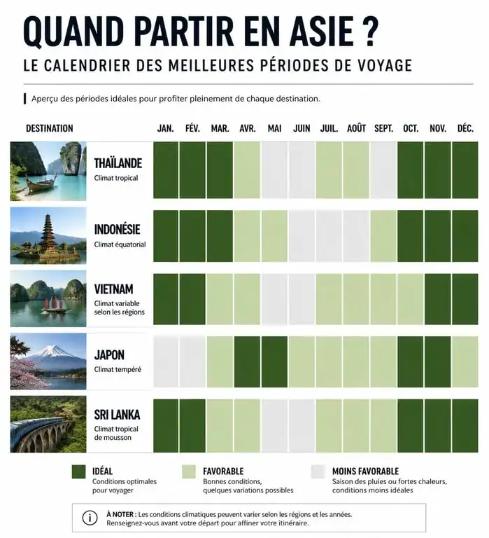 Infographie des meilleures périodes pour voyager en Asie : calendrier saisonnier par destination