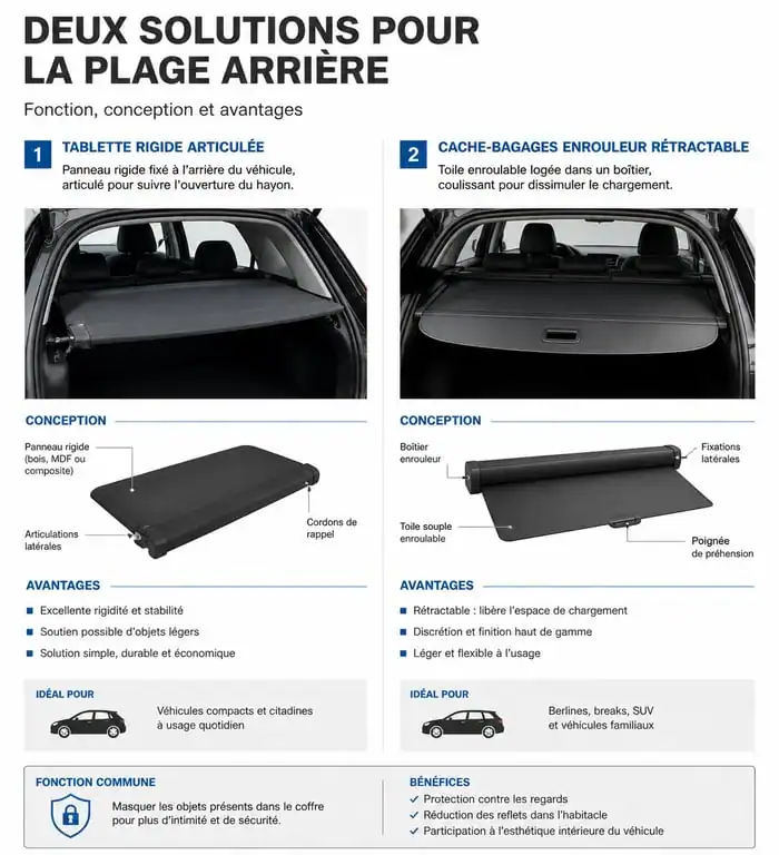 Schéma comparatif des types de plages arrière : tablette rigide et cache-bagages enrouleur pour voiture