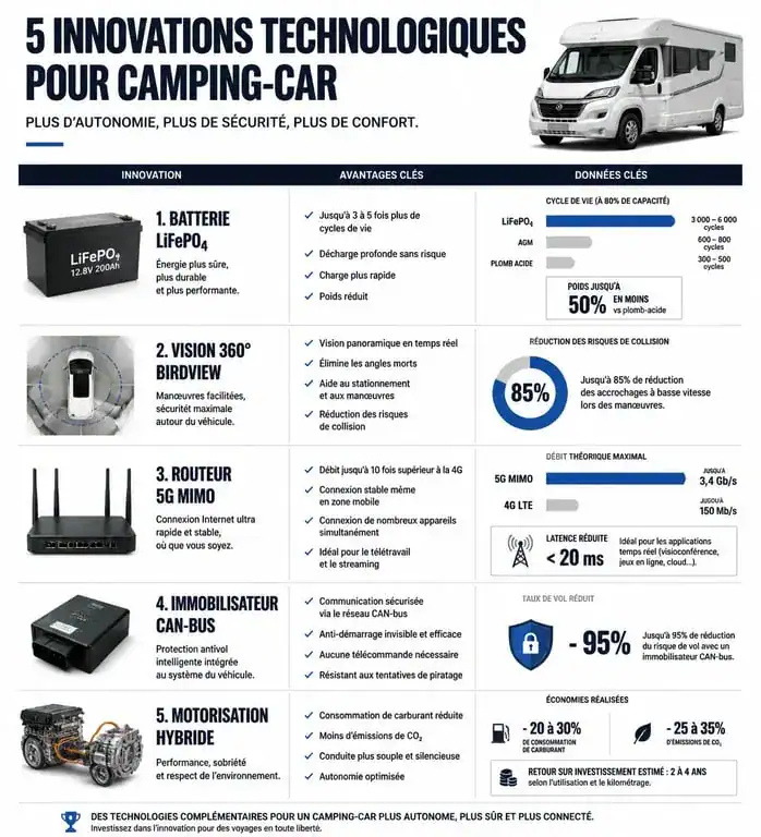 Tableau comparatif des innovations technologiques pour camping-car : batteries, sécurité et connectivité