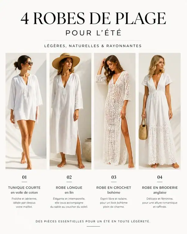 Différents styles de robes de plage blanches : tunique, robe longue, crochet et broderie anglaise pour un look estival.