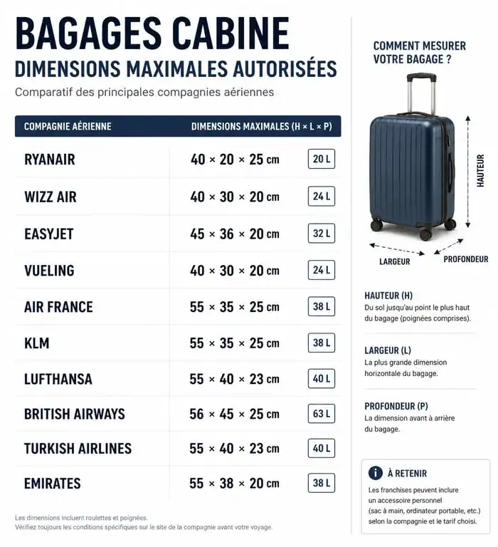 Comparatif des dimensions de valise cabine par compagnie aérienne