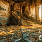 Hall d'un hotel abandonné baigné de lumière dorée
