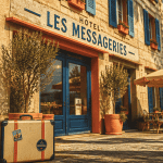 façade hôtel les messageries terrasse valise vintage