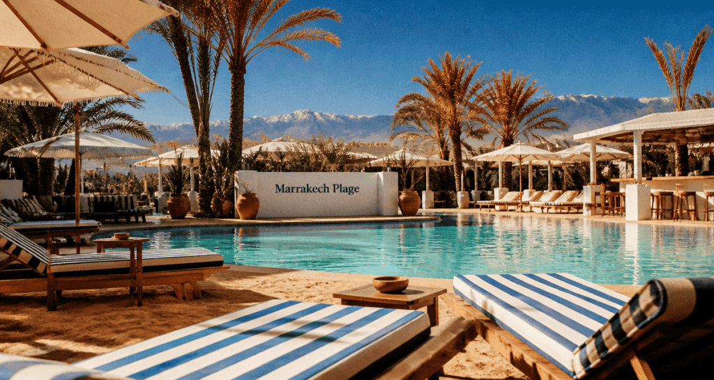 marrakech plage transats piscine palmiers