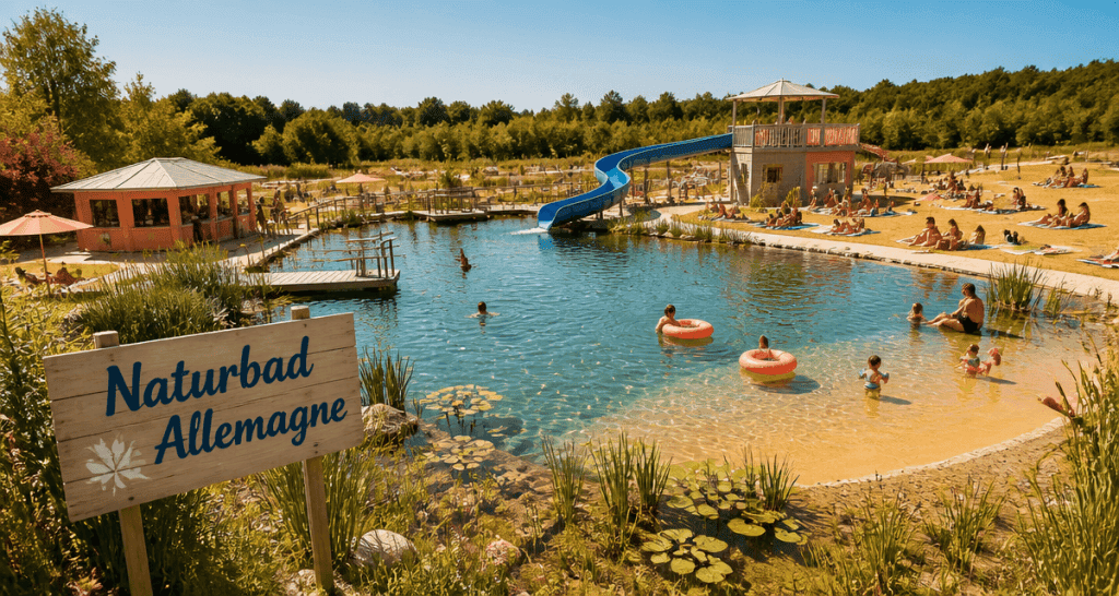 Piscine naturelle en Allemagne avec toboggan et baigneurs