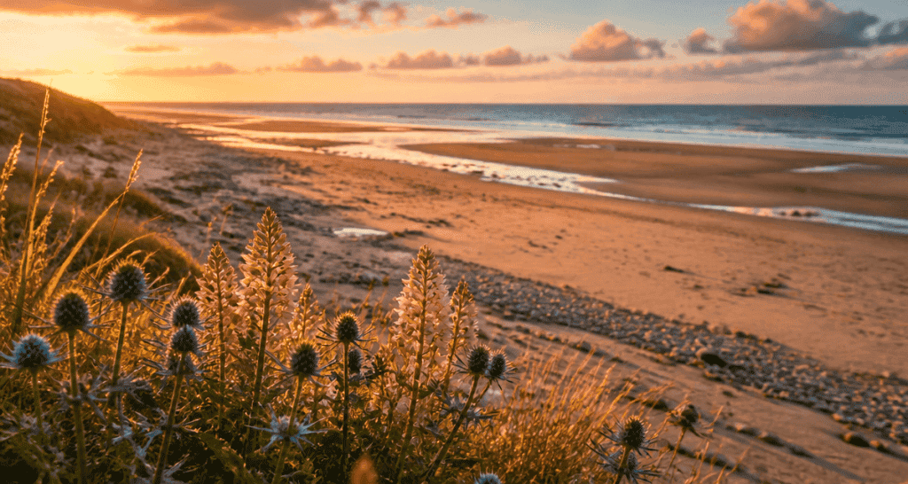 plage de vauville vue dune sable galets golden hour