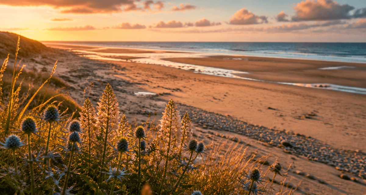 plage de vauville vue dune sable galets golden hour