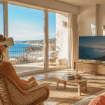 Femme en réalité virtuelle voyage dans salon vue Méditerranée