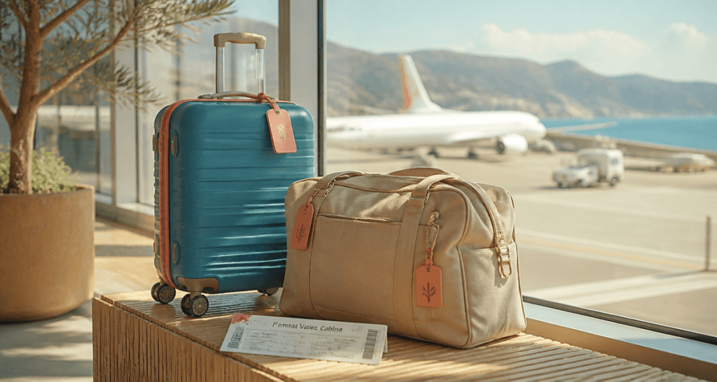 valise cabine format sur banc aéroport