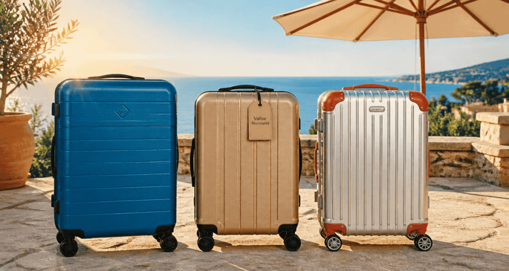 Valise résistante en polycarbonate, polypropylène et aluminium sur terrasse