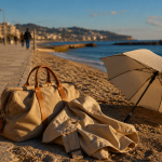Barcelone en octobre meteo : parapluie et valise à la plage, soleil entre averses