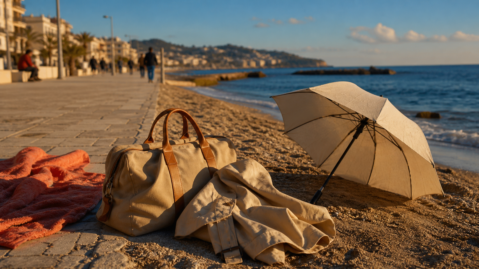 Barcelone en octobre meteo : parapluie et valise à la plage, soleil entre averses