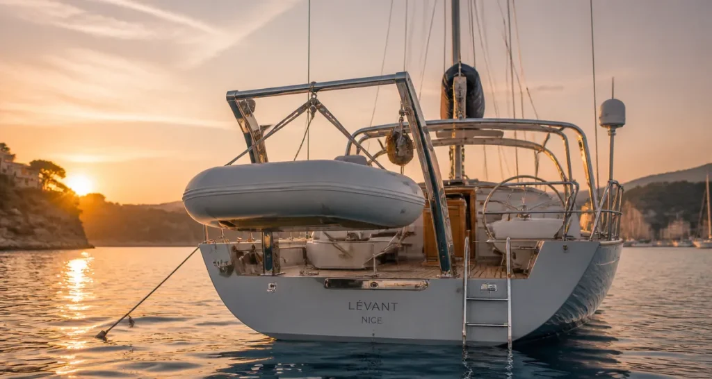 bossoir bateau inox avec annexe sur voilier