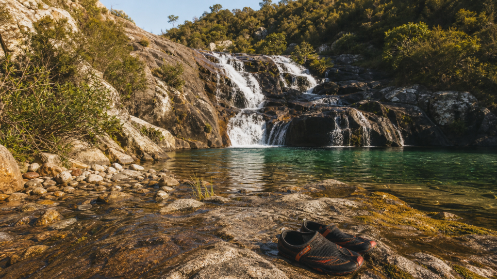 Cascade Bravone en Corse, sentier et eau émeraude