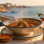 Chez Michel Marseille prix bouillabaisse, bol fumant sur terrasse