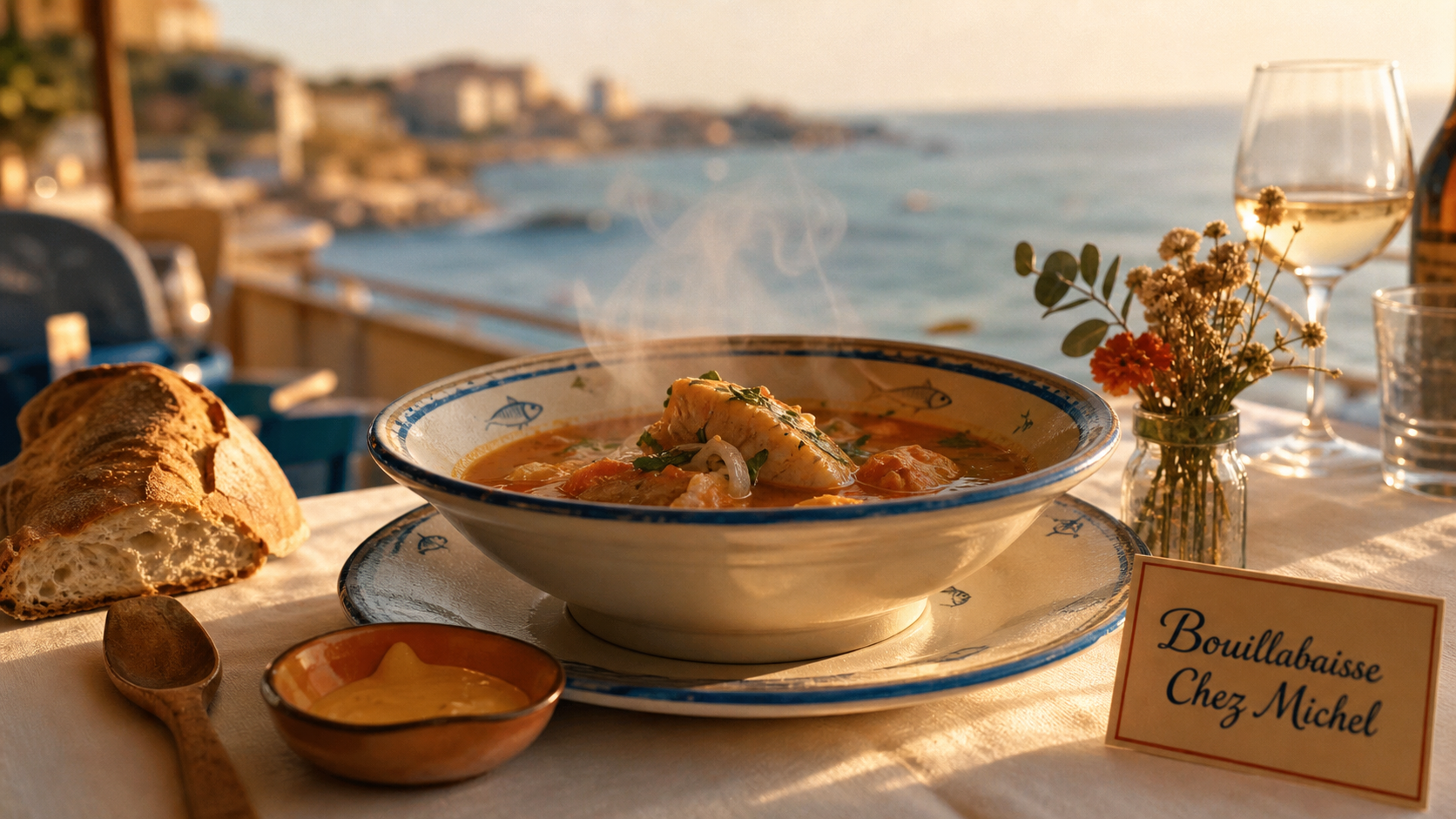 Chez Michel Marseille prix bouillabaisse, bol fumant sur terrasse