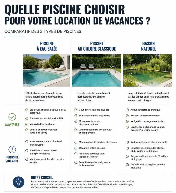 Comparatif des types de piscines pour votre location Airbnb avec piscine : eau salée, chlore et bassin naturel.