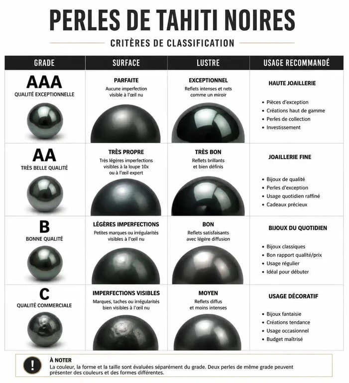 Tableau récapitulatif des grades de qualité pour l'achat d'une perle de Tahiti noire