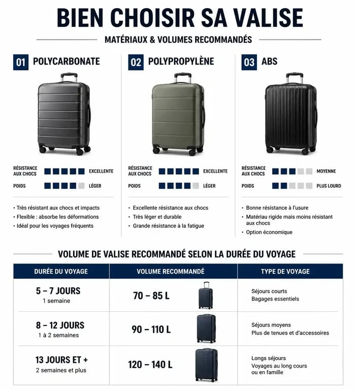 Infographie comparative des matériaux et capacités pour choisir la meilleure valise soute