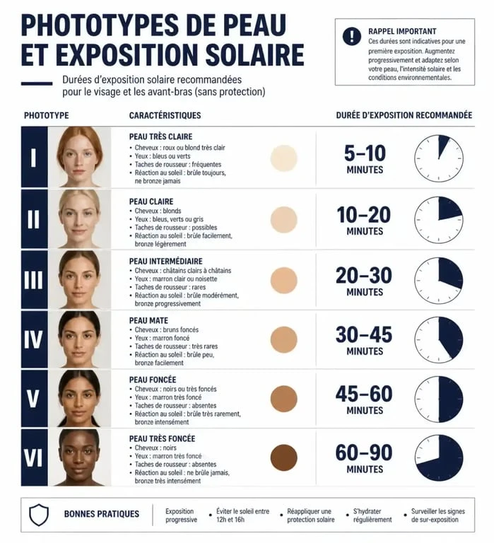 Infographie des phototypes de peau et temps nécessaire pour bronzer en toute sécurité