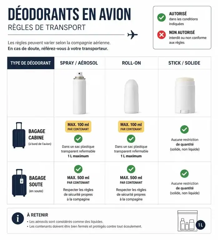 Règles de transport de déodorant en avion : guide visuel pour bagage cabine et soute