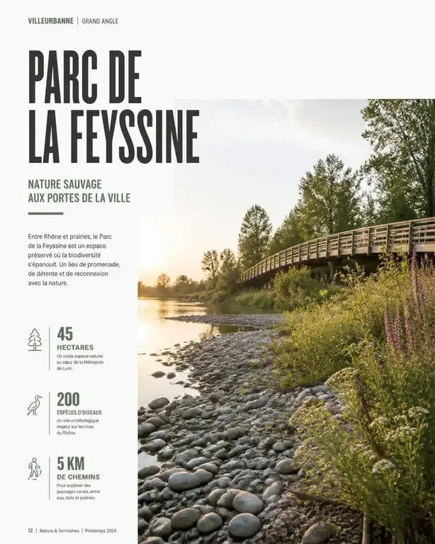 Paysage naturel du Parc de la Feyssine à Villeurbanne, un espace de détente au bord du Rhône.