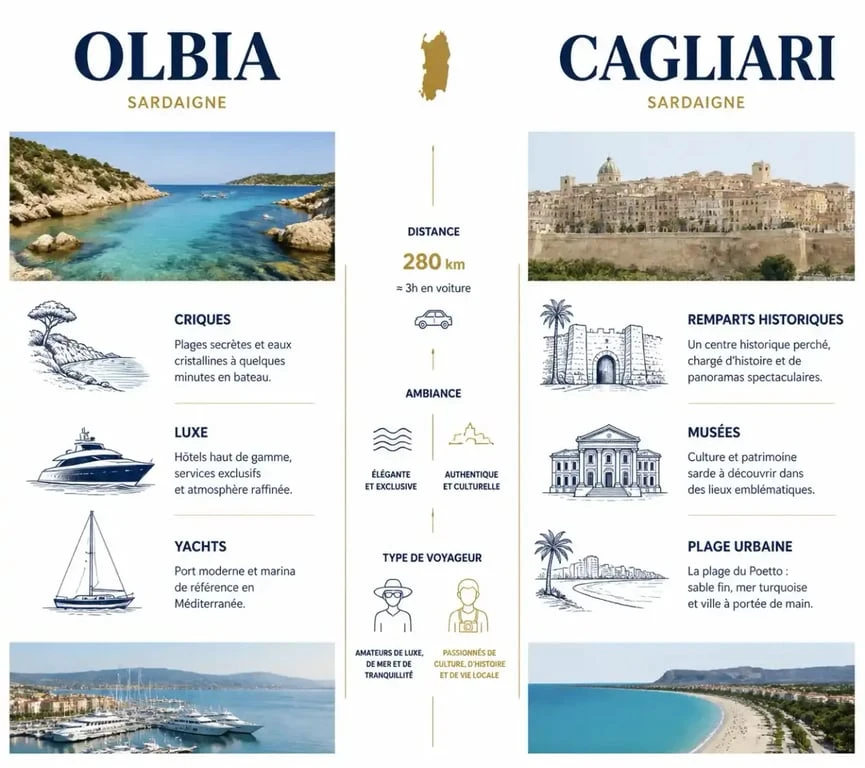 Infographie comparative entre Olbia et Cagliari pour choisir sa destination de vacances en Sardaigne