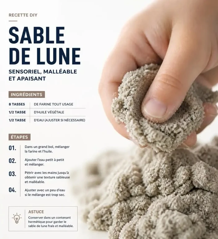 Sable de lune maison fait avec de la farine et de l'huile, texture malléable pour activité sensorielle
