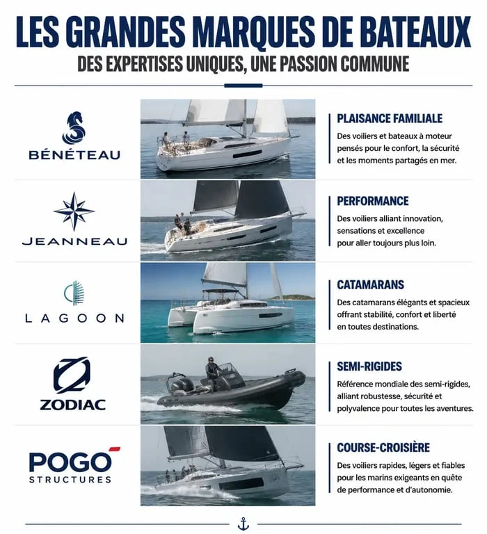 Infographie comparative des principales marques de bateau et leurs spécialités nautiques