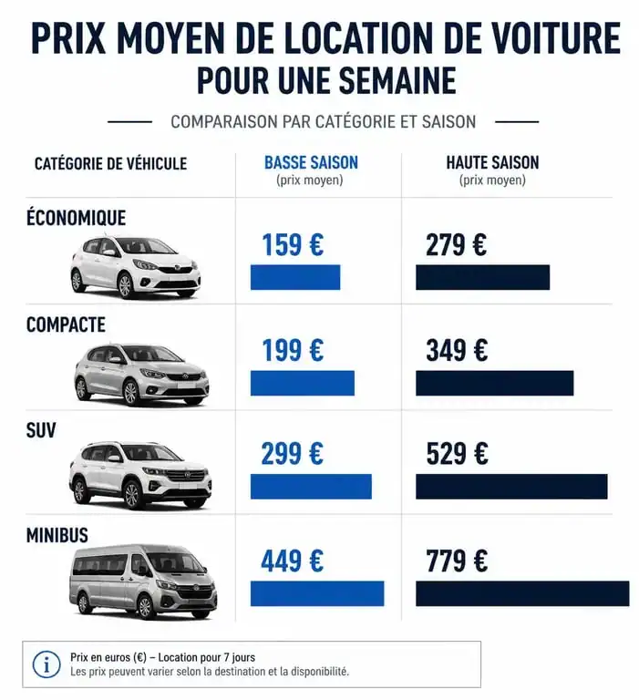 Infographie comparative des prix de location de voiture pour une semaine selon la catégorie de véhicule et la saisonnalité