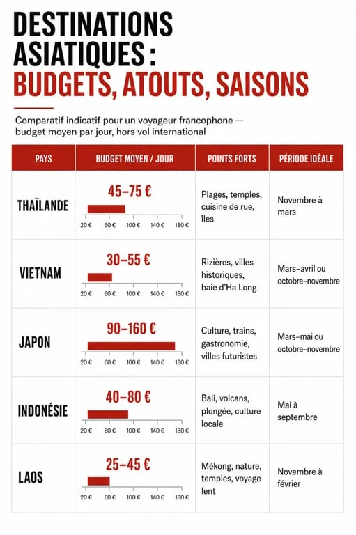 Infographie comparative des meilleurs pays d'Asie à visiter : budget, climat et points forts pour choisir votre destination.