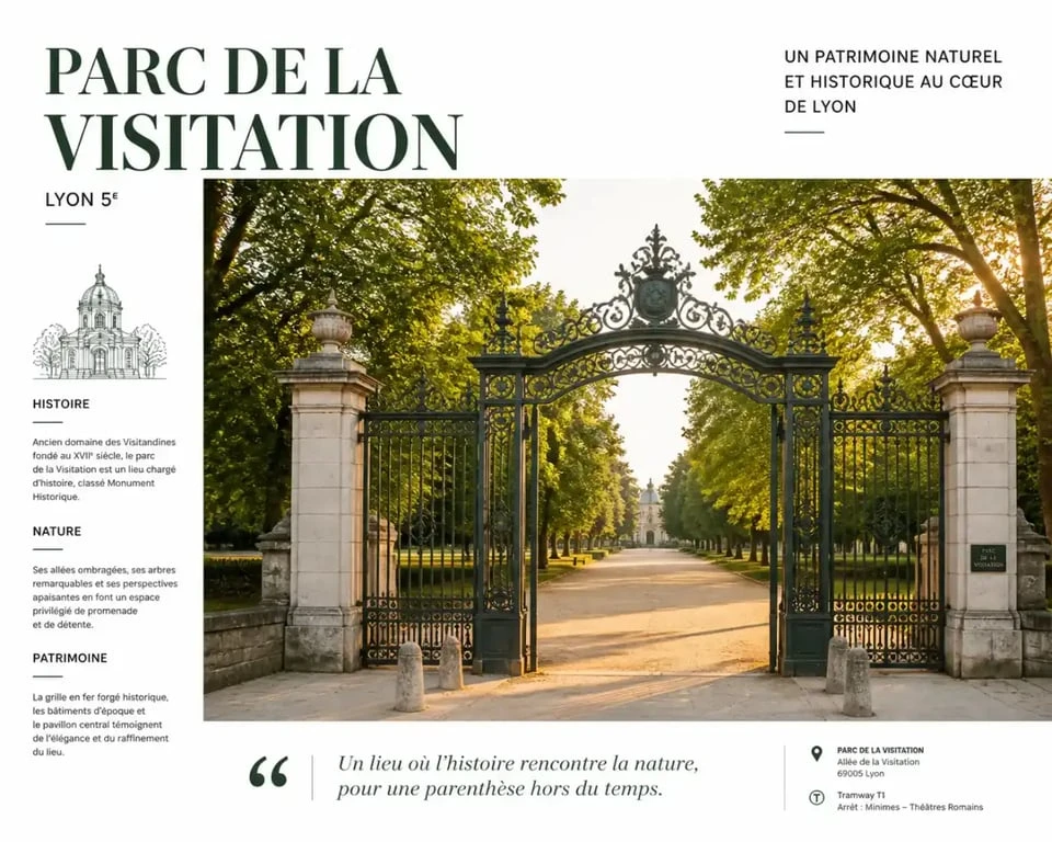 Vue du Parc de la Visitation à Lyon avec sa grille historique