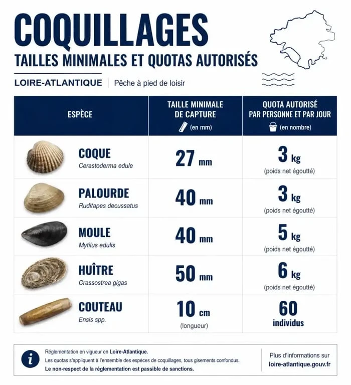 Tableau des tailles minimales et quotas pour la pêche à pied en Loire-Atlantique