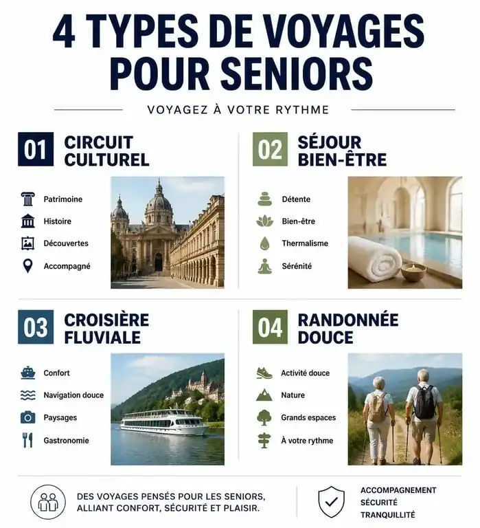 Infographie des types de voyages organisés pour personnes seules de 70 ans et plus