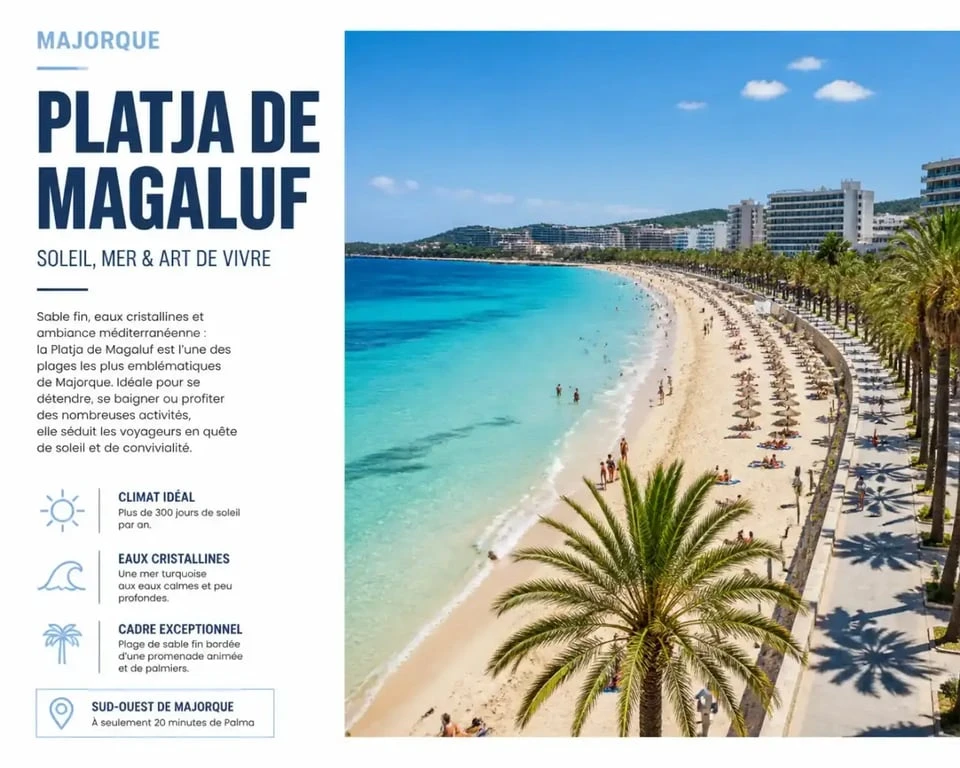 Vue panoramique de la Platja de Magaluf à Majorque, une destination balnéaire prisée avec sable fin et eaux cristallines.