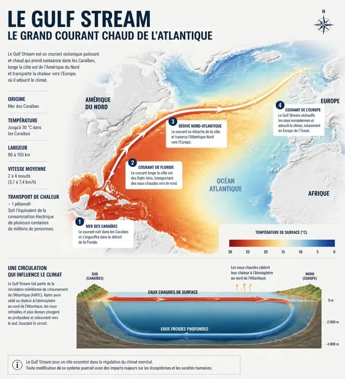 Carte illustrant le parcours et le fonctionnement du Gulf Stream dans l'Atlantique Nord