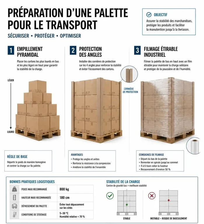 Guide visuel pour la préparation et le transport de palette pour particulier : empilement et filmage sécurisé