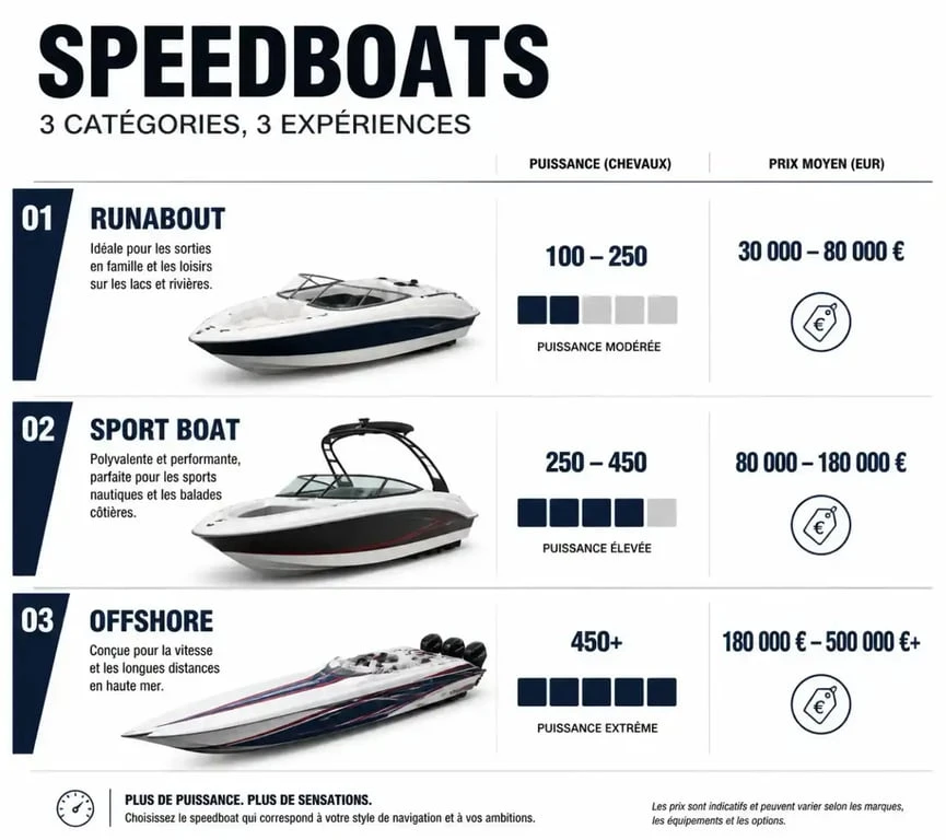 Infographie comparative des types de speedboats : prix et puissance moyenne