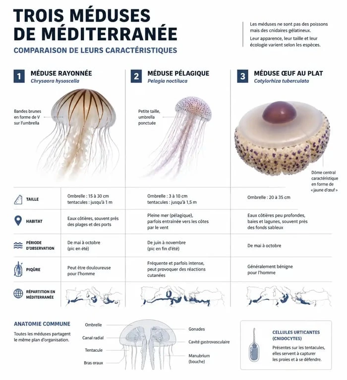 Comparatif visuel des espèces de méduses marron en Méditerranée pour une identification rapide.