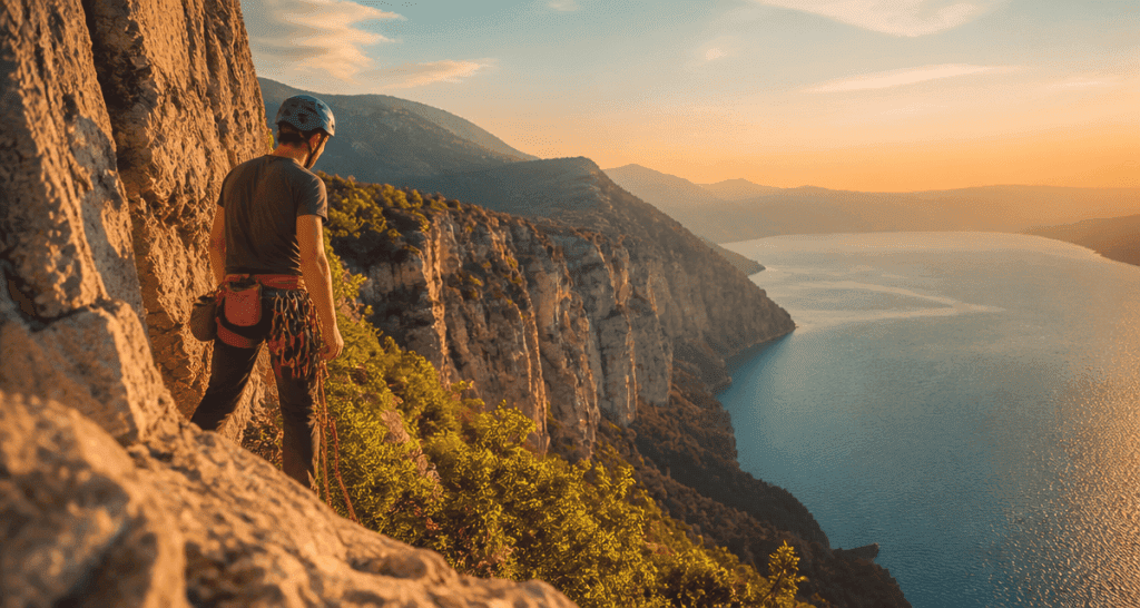 Falaises de Bourdeau vue avec grimpeur et lac