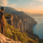 Falaises de Bourdeau vue avec grimpeur et lac