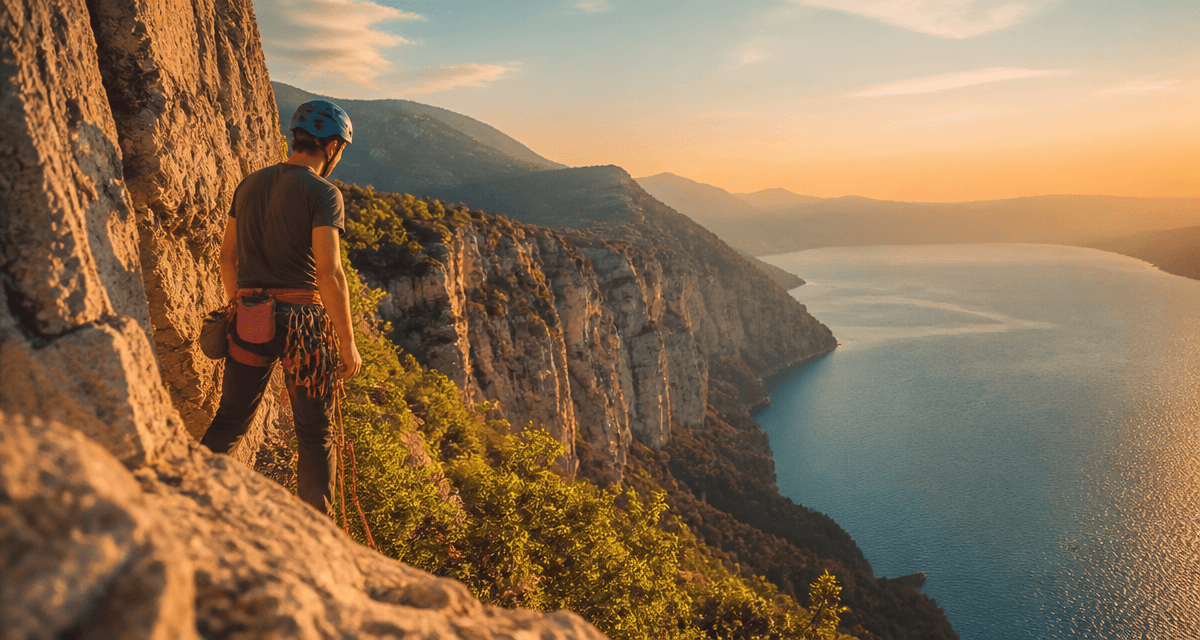 Falaises de Bourdeau vue avec grimpeur et lac