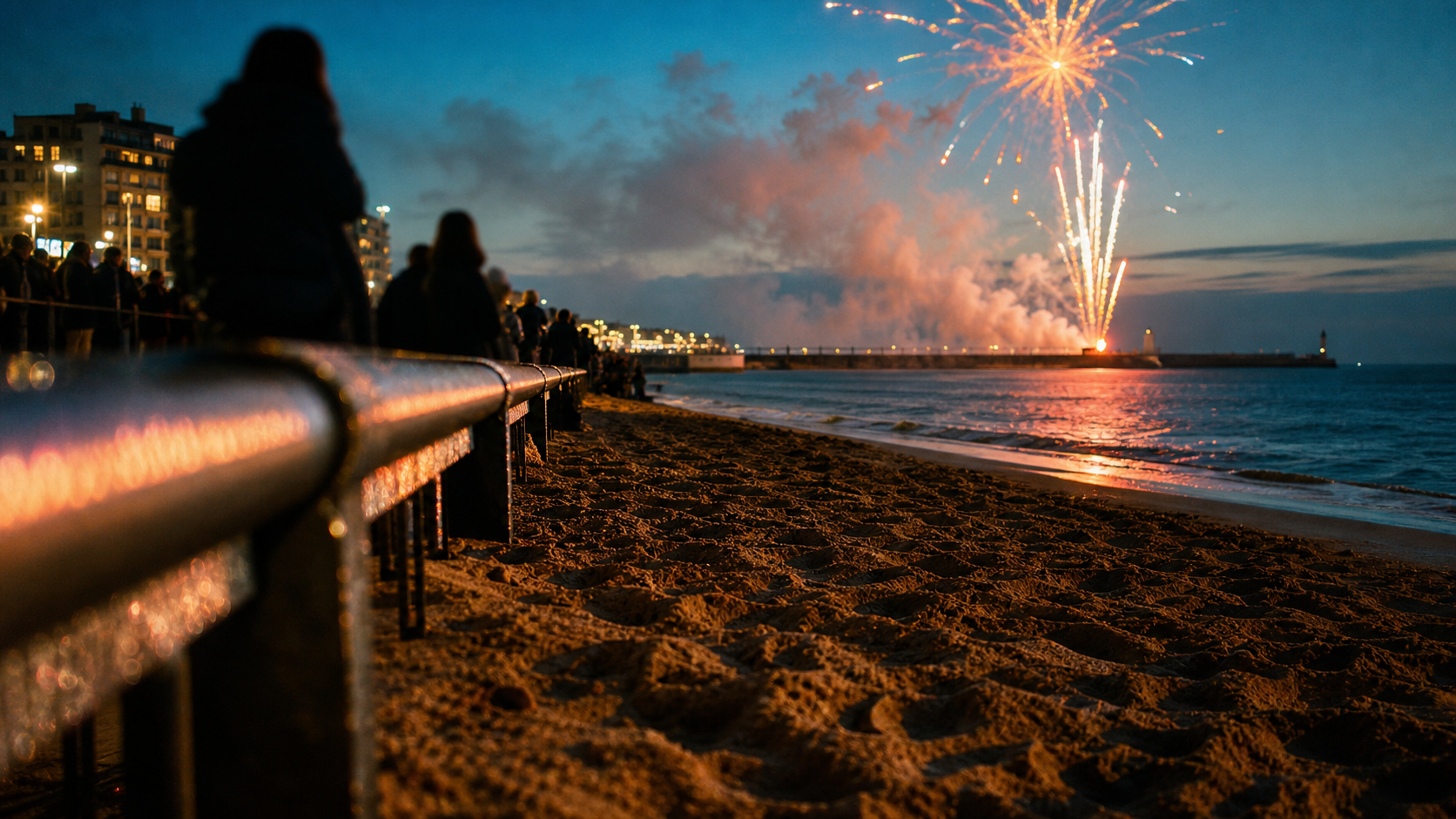 Feu d artifice les Sables d Olonne sur le Remblai, silhouettes de spectateurs