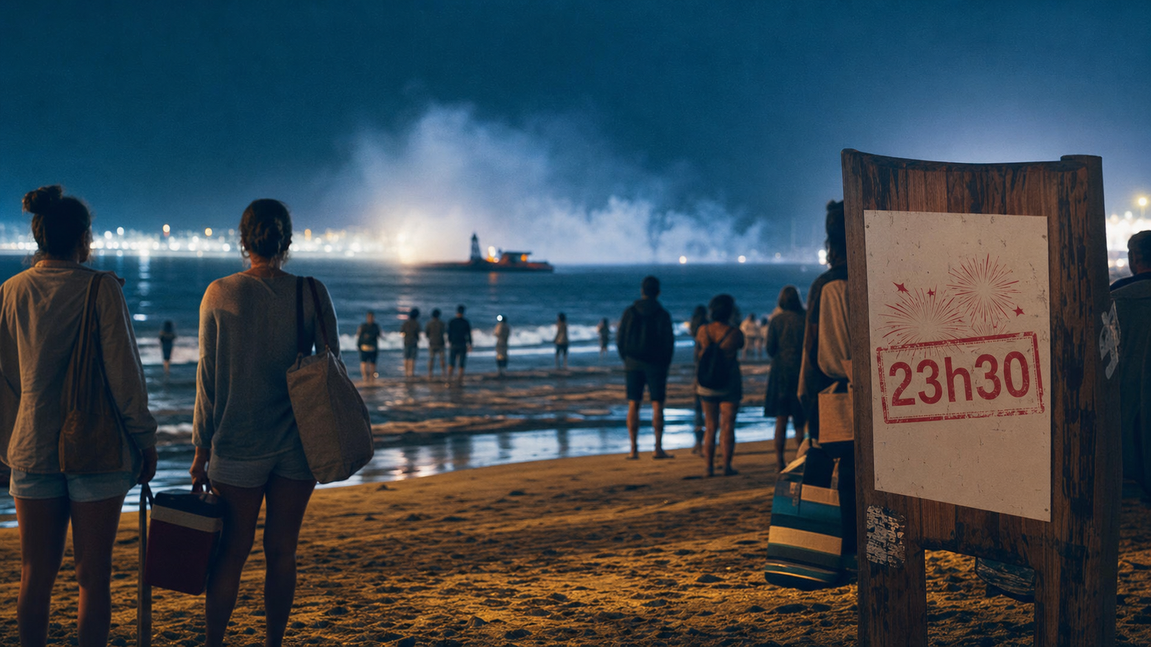 Feu d'artifice 13 juillet 2025 La Baule à 23h30, spectacle depuis le sable humide.