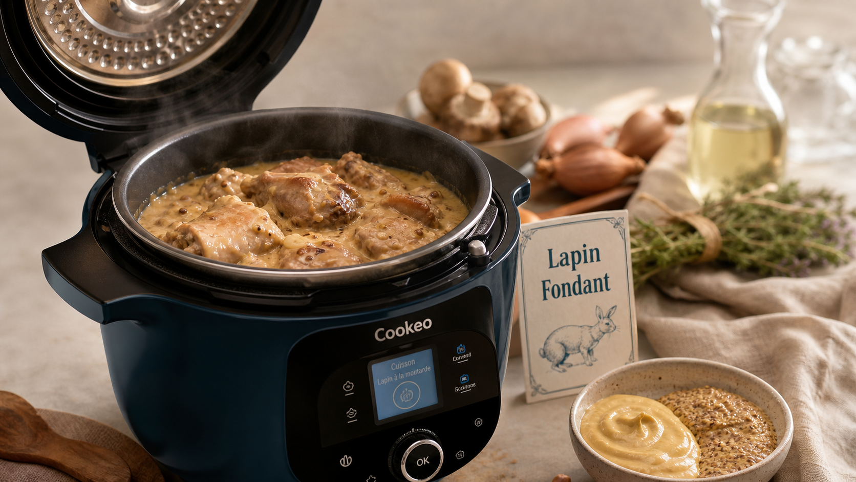 Meilleure recette de lapin au cookeo : lapin fondant en sauce moutarde-crème