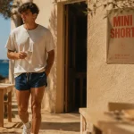 Mini short homme 7 cm bleu marine, t-shirt oversize et sneakers