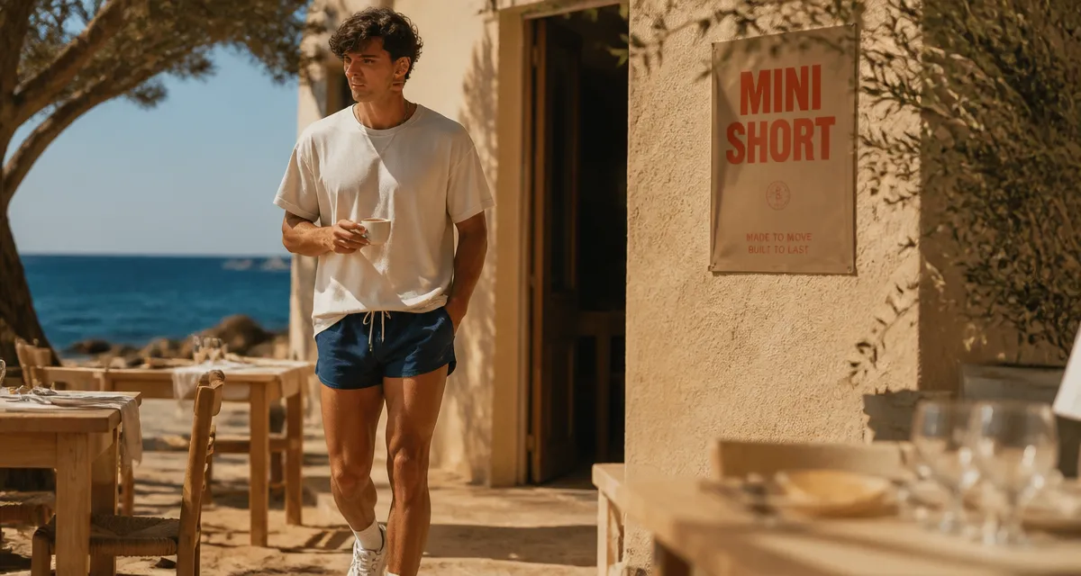 Mini short homme 7 cm bleu marine, t-shirt oversize et sneakers